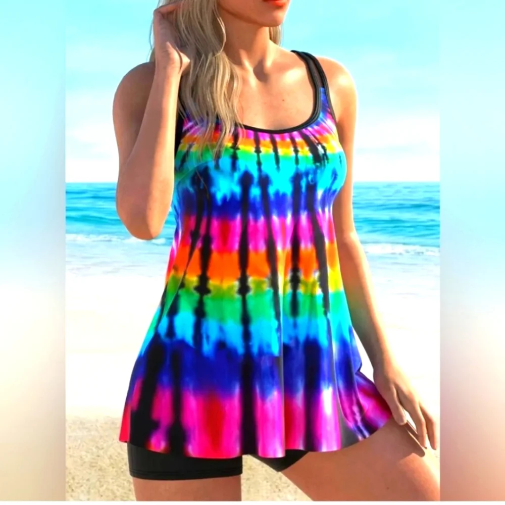 NEW Womens Vibrant Tie-Dye Tankini with Swim Shorts 2-Piece Bathing - Picture 1 of 3
